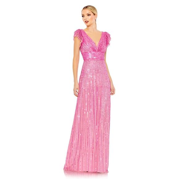 MAC DUGGAL EMBELLISHED FLUTTER CAP SLEEVE A LINE GOWN - Picture 1 of 10